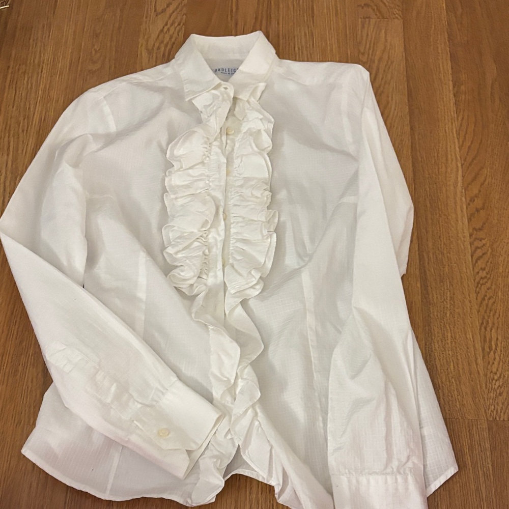 Ruffled Front White Blouse - Ladies' Elegant Shirt